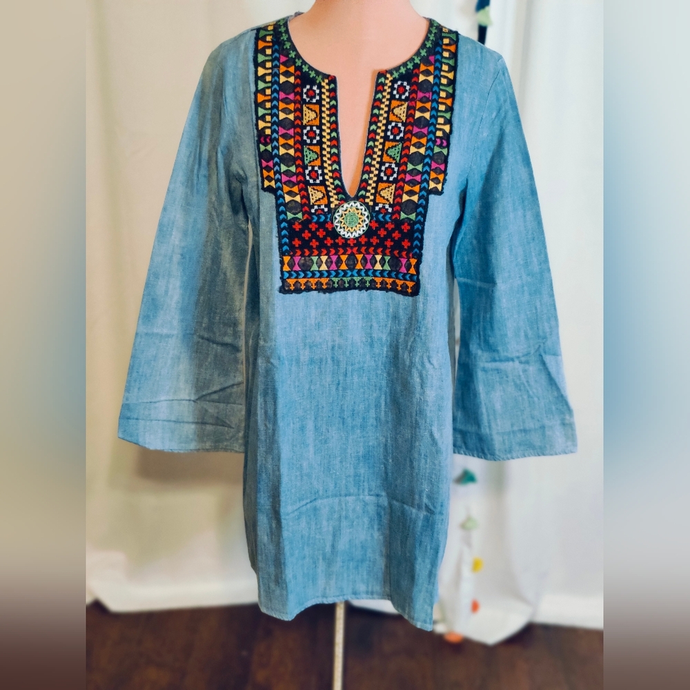 Zara chambray denim Mini Dress Tunic heavy embroidery Flare Sleeves SM